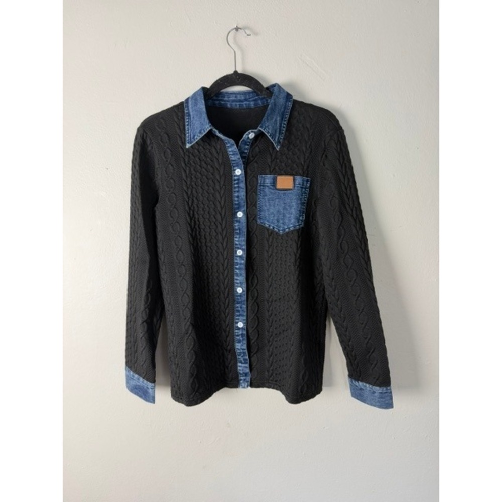 Black Cable Knit Denim Trim Button Down Shirt Women Small Mixed Media Top